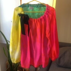 Rachel Comey colorful silk top with black ribbon closure size 6